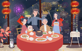 全家福除夕跨年飯一家人卡通 