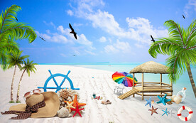 藍(lán)天白云沙灘電視背景墻