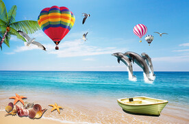 海邊椰樹海豚氫氣球貝殼船電視背