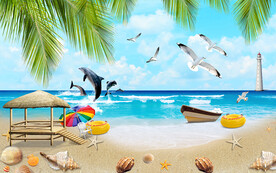 海水小船海鷗電視背景墻