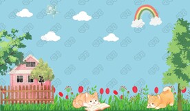 藍(lán)天白云草地上的可愛小貓小狗