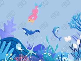 藍色海洋小美人魚鯨魚插畫