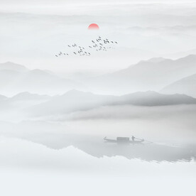 新中式現(xiàn)代餐廳水墨山水畫背景墻