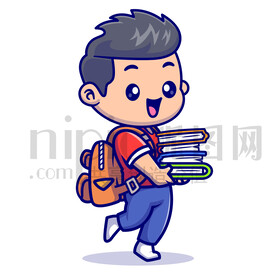 可爱卡通小男孩搬着书本学习