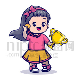可卡通獲得榮譽(yù)獎(jiǎng)杯獎(jiǎng)牌的小女孩