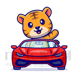 可愛卡通坐小汽車的小老虎