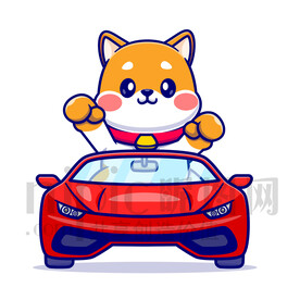 可愛卡通坐小汽車的小狗