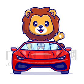 可愛卡通坐小汽車的小獅子