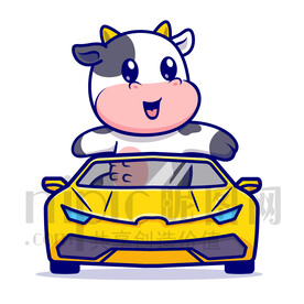 可愛卡通坐小汽車的小奶牛