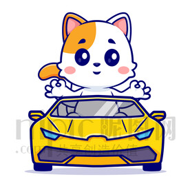 可愛卡通坐小汽車的小貓咪