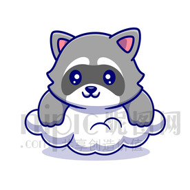 可愛卡通趴在云朵上的小浣熊