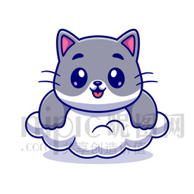可爱卡通趴在云朵上的小猫咪