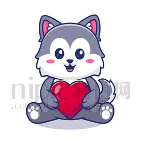 可愛卡通抱著愛心的小狼狗