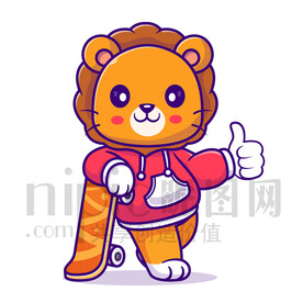 可愛卡通玩滑板的獅子