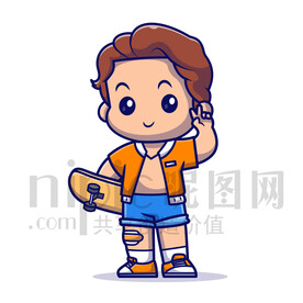 可愛卡通拿滑板的小男孩