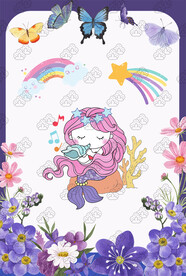 紫色小美人魚花朵彩虹蝴蝶插畫
