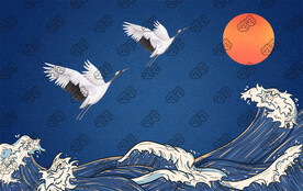 國風國潮古風海浪仙鶴落日插畫