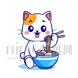 可愛卡通吃面的貓咪