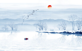 藍色水墨山水背景墻畫