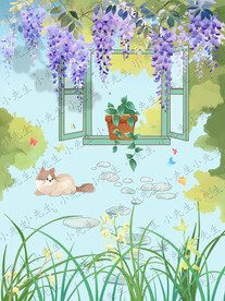 紫藤蘿花窗戶下的小貓