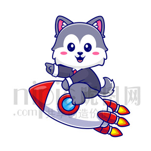 可爱卡通坐火箭的大灰狼