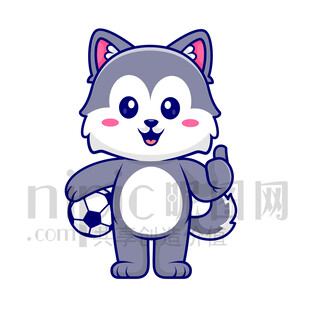 可愛卡通踢足球的狼狗