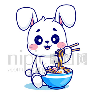 可愛卡通吃面條的小白兔