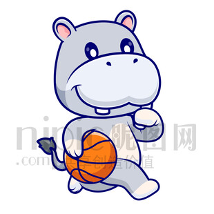 可愛(ài)卡通愛(ài)運(yùn)動(dòng)打籃球的河馬