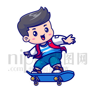 可愛卡通玩滑板的小男孩