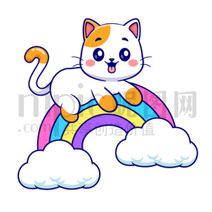 可愛卡通趴在彩虹上的貓咪