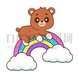可愛卡通趴在彩虹上的棕熊
