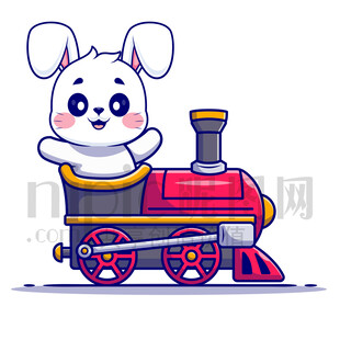 可爱卡通坐火车的小白兔