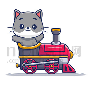 可愛卡通坐火車的小貓