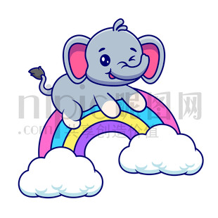 可愛卡通趴在彩虹上的大象