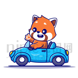 可愛卡通開小汽車的小熊貓