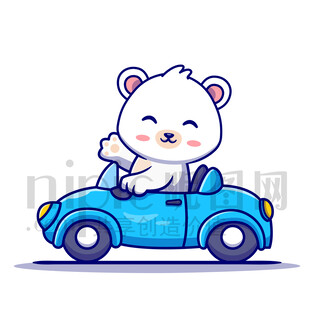 可愛卡通開小汽車的北極熊