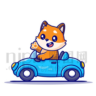 可愛卡通開小汽車的狐貍