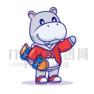 可愛(ài)卡通玩滑板的河馬