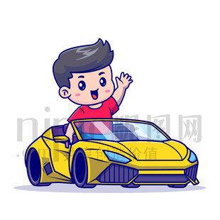 可愛(ài)卡通開(kāi)跑車的男孩