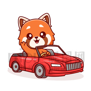 可愛卡通開車的小熊貓小浣熊