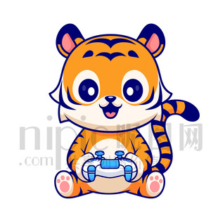 可愛卡通打電玩的老虎