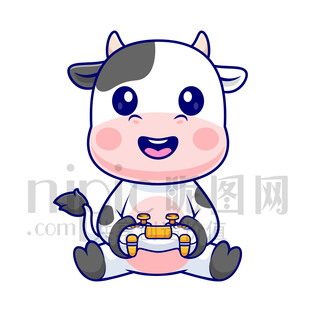 可愛卡通打電玩的奶牛