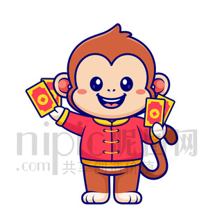 可愛(ài)卡通發(fā)紅包的猴子