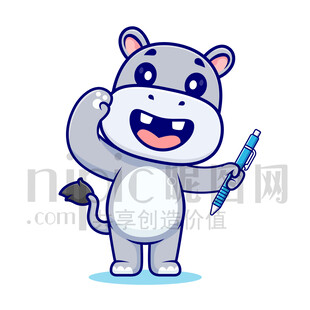 可愛卡通拿著筆敬禮的河馬