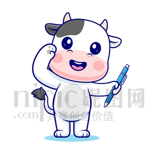 可爱卡通拿着笔敬礼的奶牛
