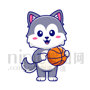 可愛卡通抱著籃球的大灰狼