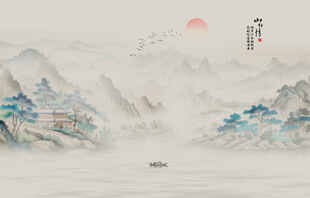 新中式山水畫電視背景墻壁紙