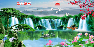 迎客松瀑布山水畫壁畫