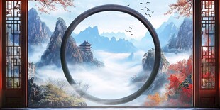 中式山水圓窗意境風(fēng)光