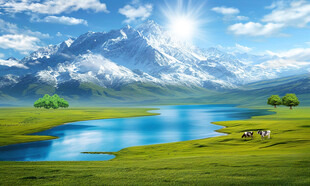 藍天白云雪山大草原